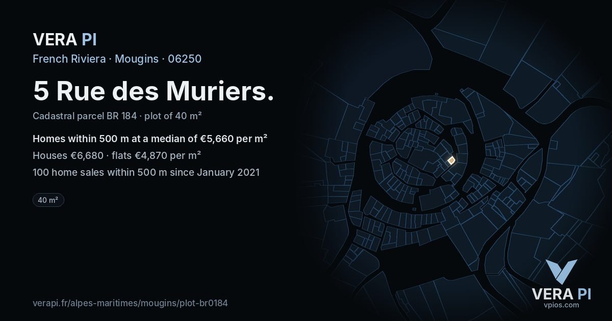 5 Rue des Muriers, Mougins at night – the plot lit, the parcels around coloured by the prices near them