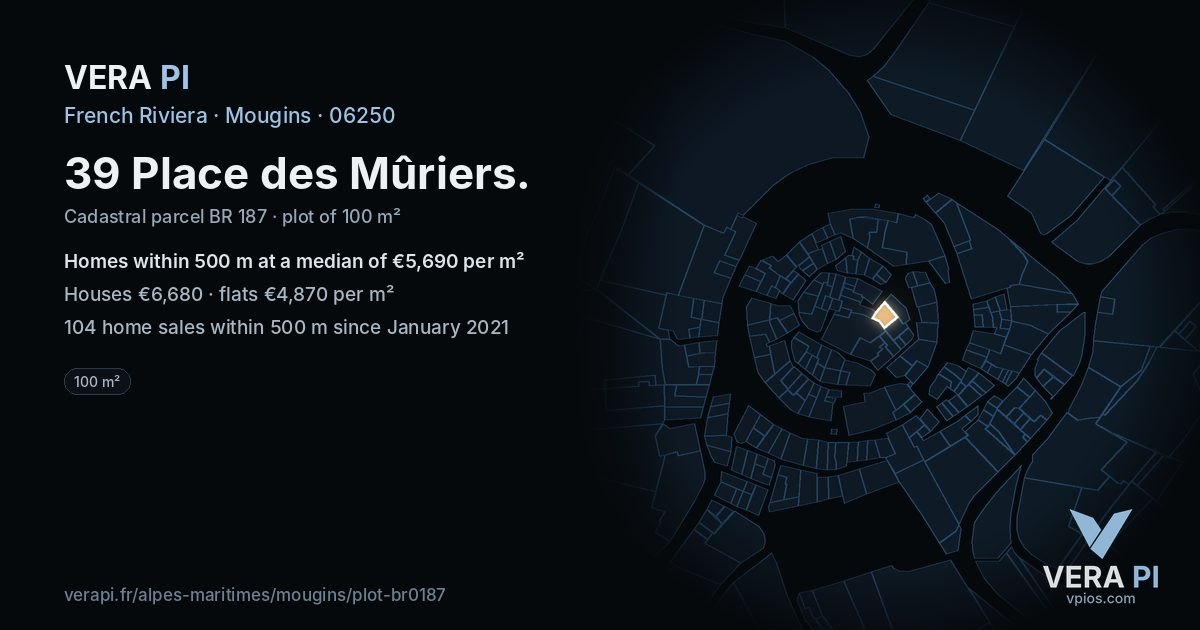 39 Place des Mûriers, Mougins at night – the plot lit, the parcels around coloured by the prices near them