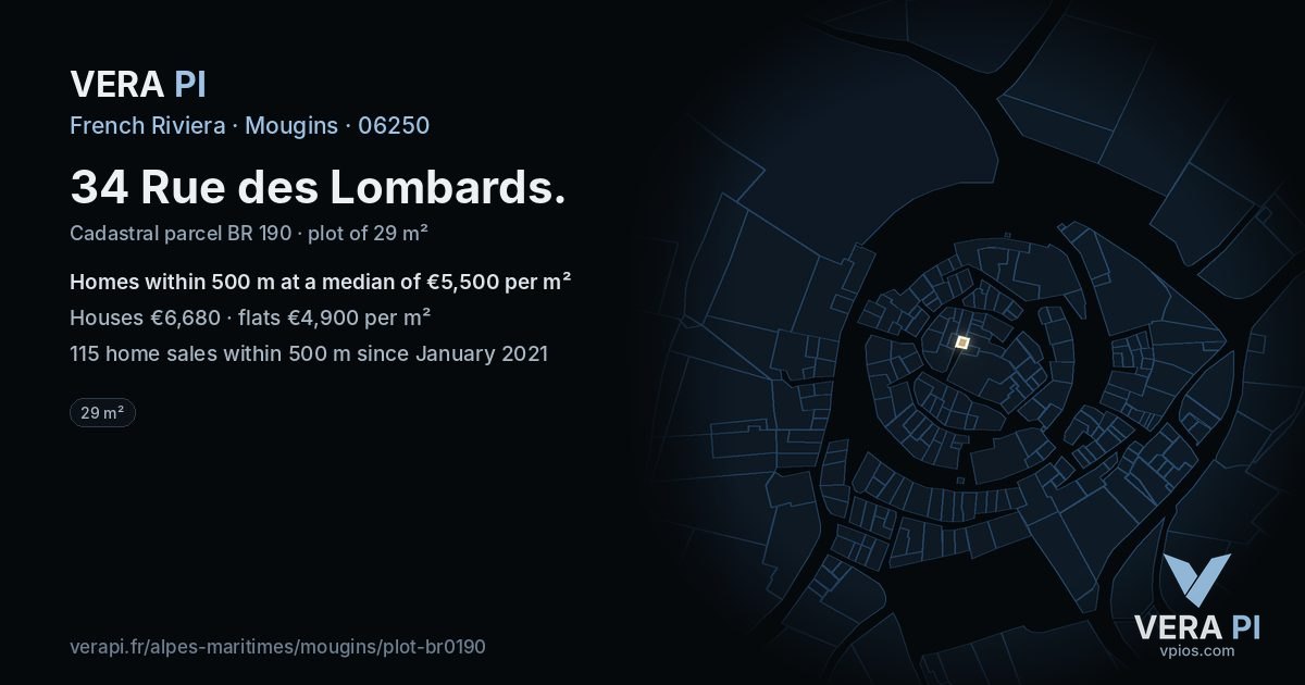 34 Rue des Lombards, Mougins at night – the plot lit, the parcels around coloured by the prices near them