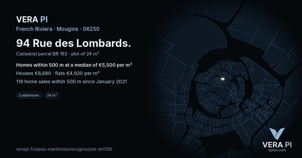 94 Rue des Lombards, Mougins at night – the plot lit, the parcels around coloured by the prices near them
