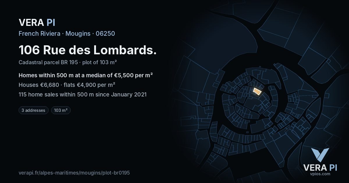 106 Rue des Lombards, Mougins at night – the plot lit, the parcels around coloured by the prices near them