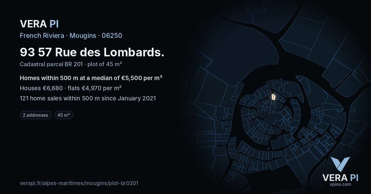 93 57 Rue des Lombards, Mougins at night – the plot lit, the parcels around coloured by the prices near them