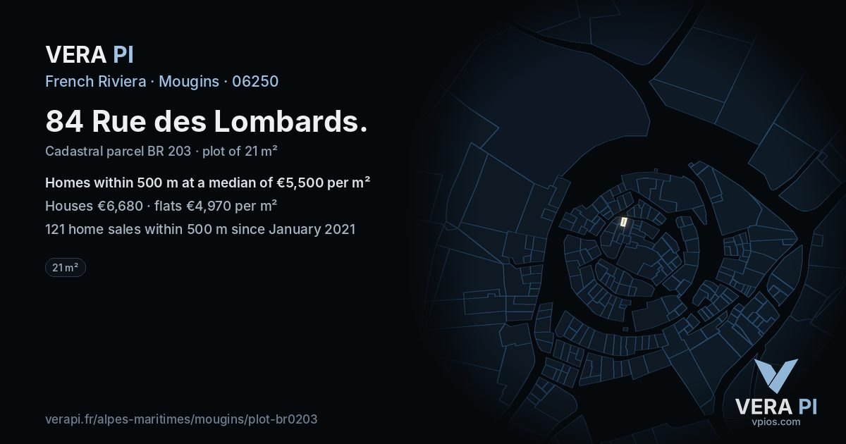 84 Rue des Lombards, Mougins at night – the plot lit, the parcels around coloured by the prices near them
