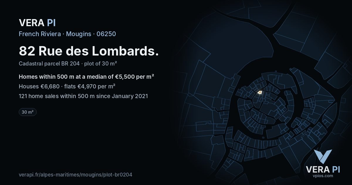 82 Rue des Lombards, Mougins at night – the plot lit, the parcels around coloured by the prices near them