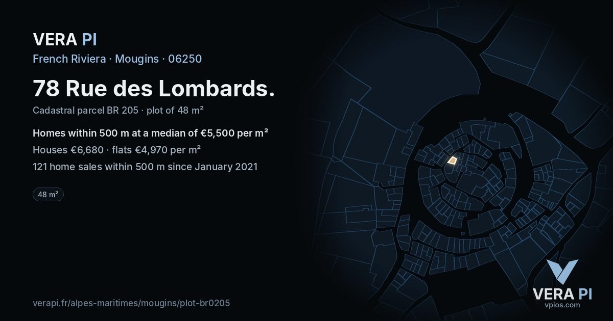 78 Rue des Lombards, Mougins at night – the plot lit, the parcels around coloured by the prices near them