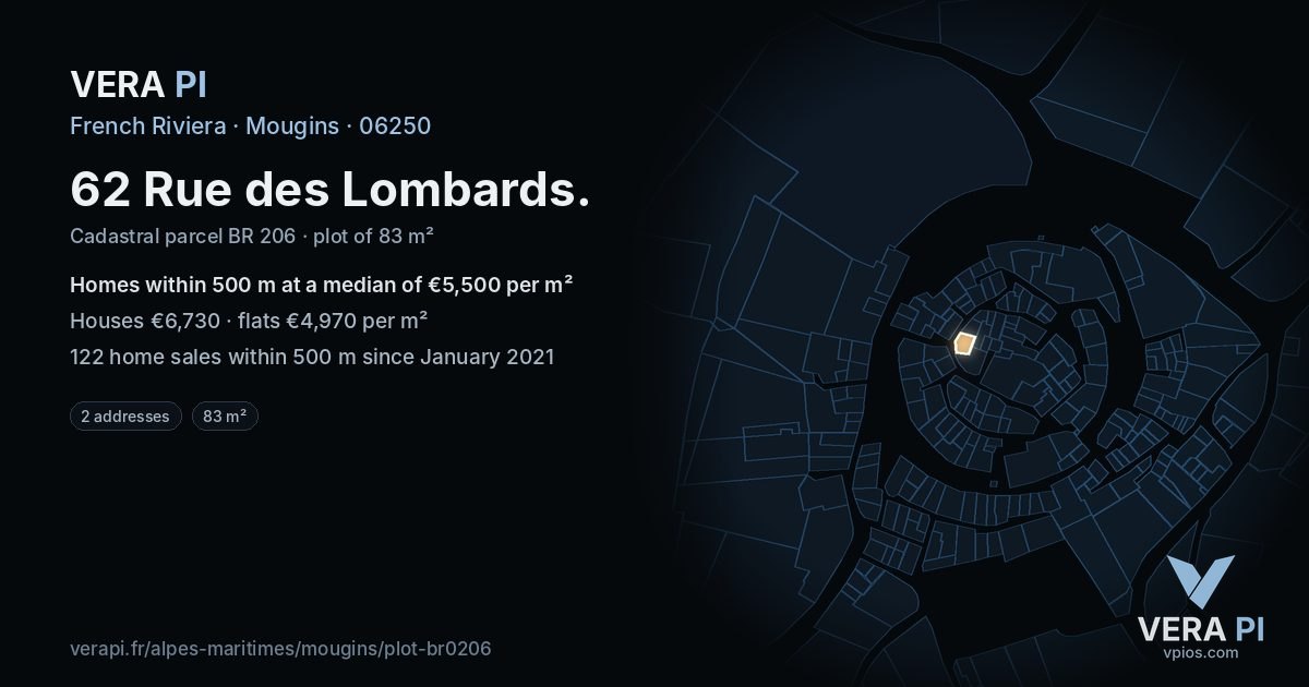 62 Rue des Lombards, Mougins at night – the plot lit, the parcels around coloured by the prices near them