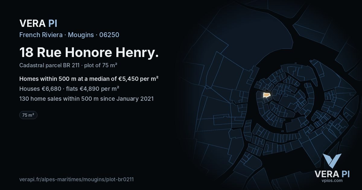 18 Rue Honore Henry, Mougins at night – the plot lit, the parcels around coloured by the prices near them