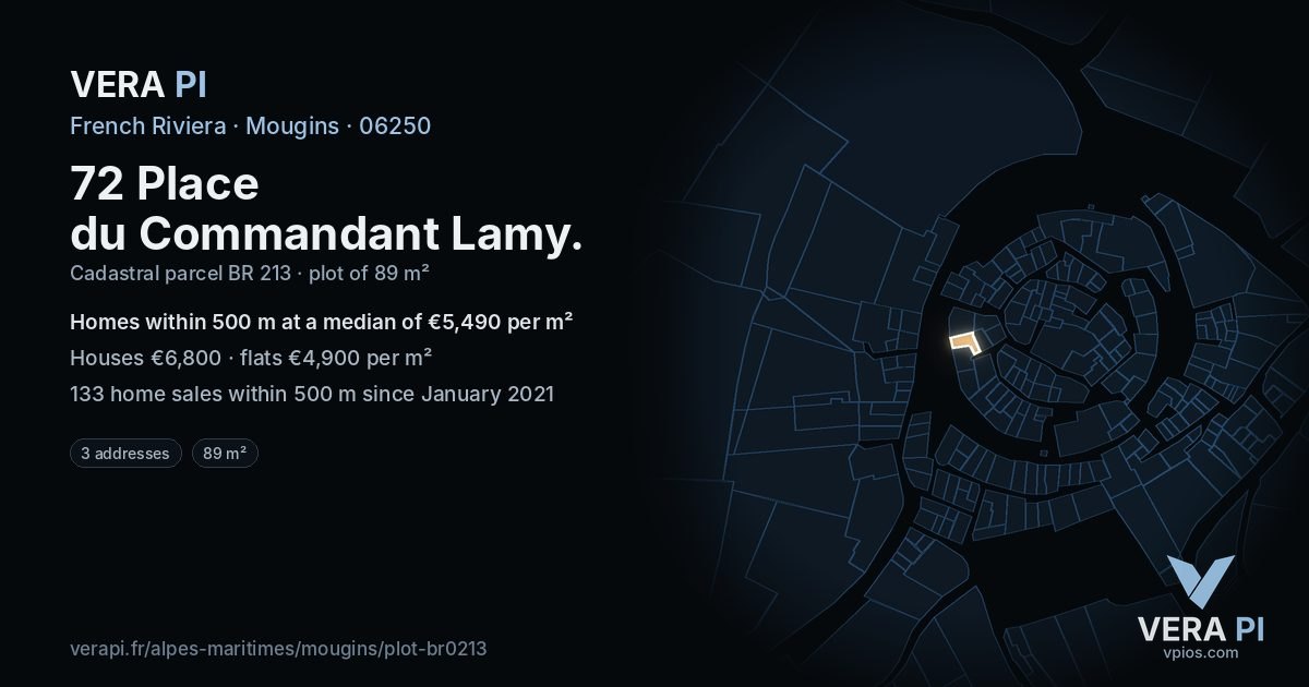 72 Place du Commandant Lamy, Mougins at night – the plot lit, the parcels around coloured by the prices near them