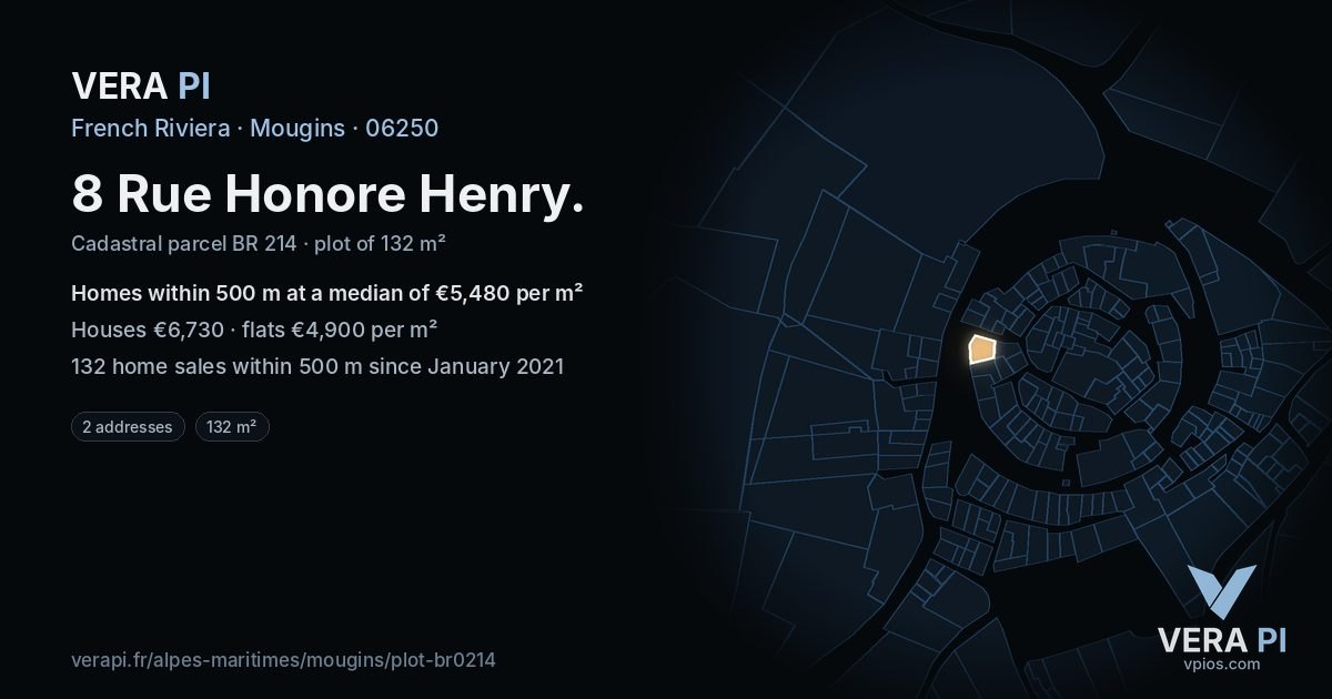 8 Rue Honore Henry, Mougins at night – the plot lit, the parcels around coloured by the prices near them