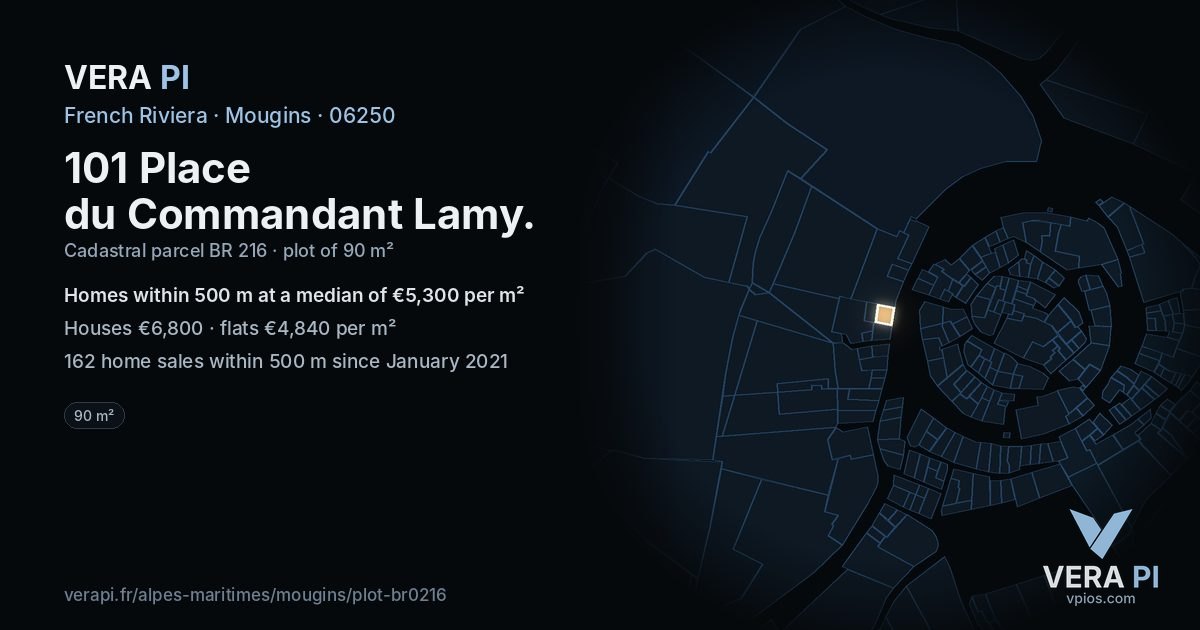 101 Place du Commandant Lamy, Mougins at night – the plot lit, the parcels around coloured by the prices near them