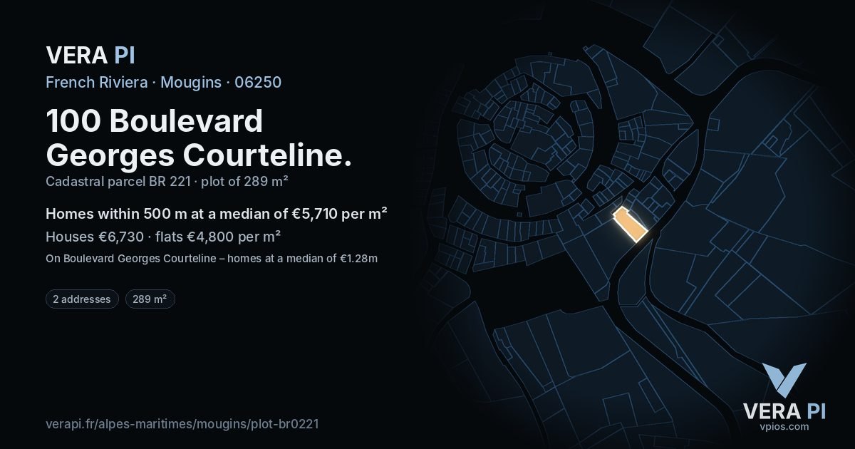 100 Boulevard Georges Courteline, Mougins at night – the plot lit, the parcels around coloured by the prices near them