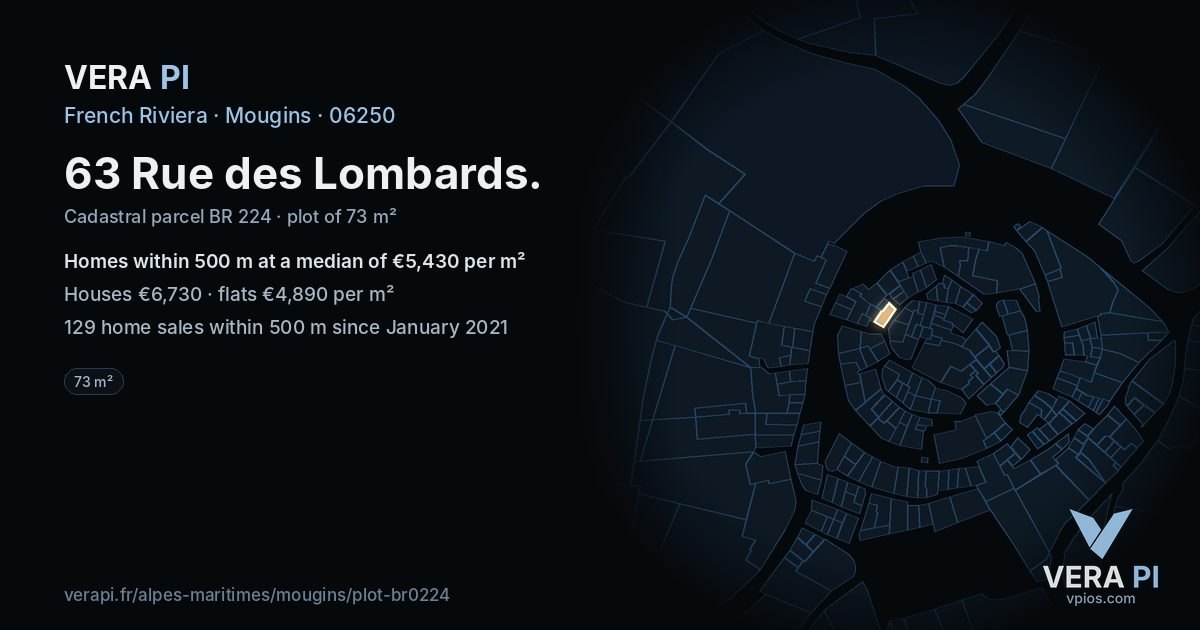 63 Rue des Lombards, Mougins at night – the plot lit, the parcels around coloured by the prices near them