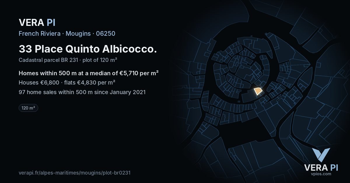 33 Place Quinto Albicocco, Mougins at night – the plot lit, the parcels around coloured by the prices near them