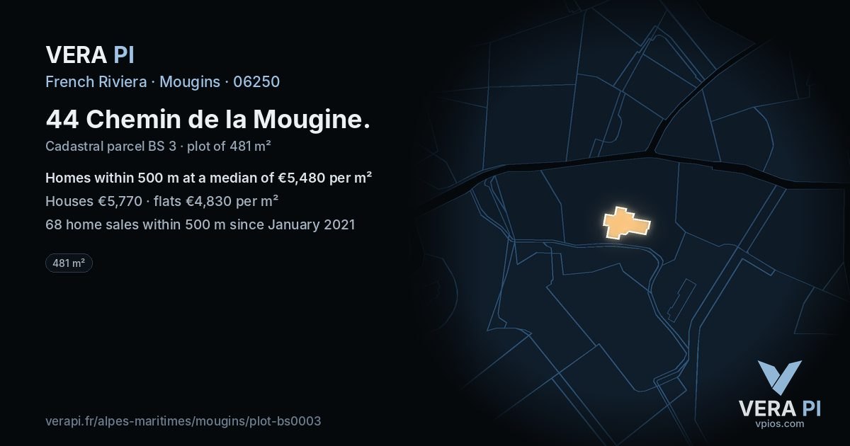 44 Chemin de la Mougine, Mougins at night – the plot lit, the parcels around coloured by the prices near them