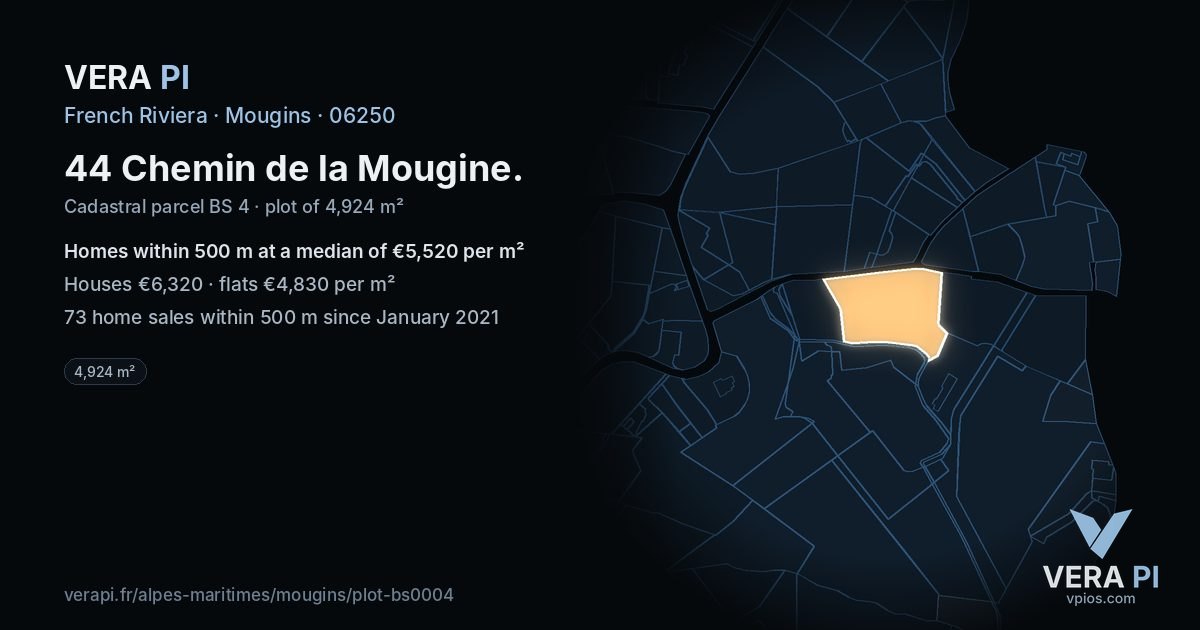 44 Chemin de la Mougine, Mougins at night – the plot lit, the parcels around coloured by the prices near them
