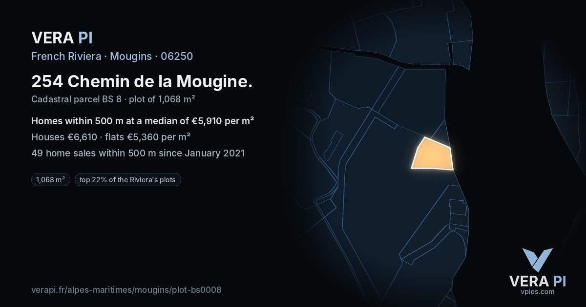 254 Chemin de la Mougine, Mougins at night – the plot lit, the parcels around coloured by the prices near them
