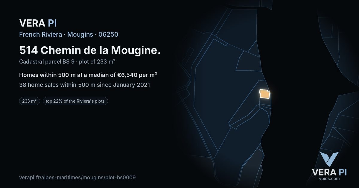 514 Chemin de la Mougine, Mougins at night – the plot lit, the parcels around coloured by the prices near them