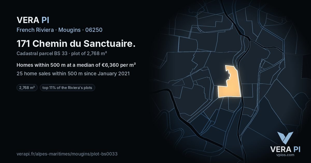171 Chemin du Sanctuaire, Mougins at night – the plot lit, the parcels around coloured by the prices near them