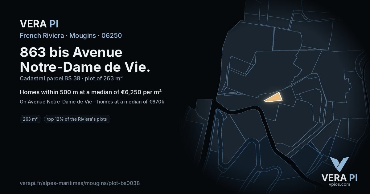 863 bis Avenue Notre-Dame de Vie, Mougins at night – the plot lit, the parcels around coloured by the prices near them