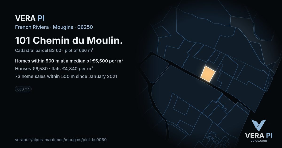 101 Chemin du Moulin, Mougins at night – the plot lit, the parcels around coloured by the prices near them