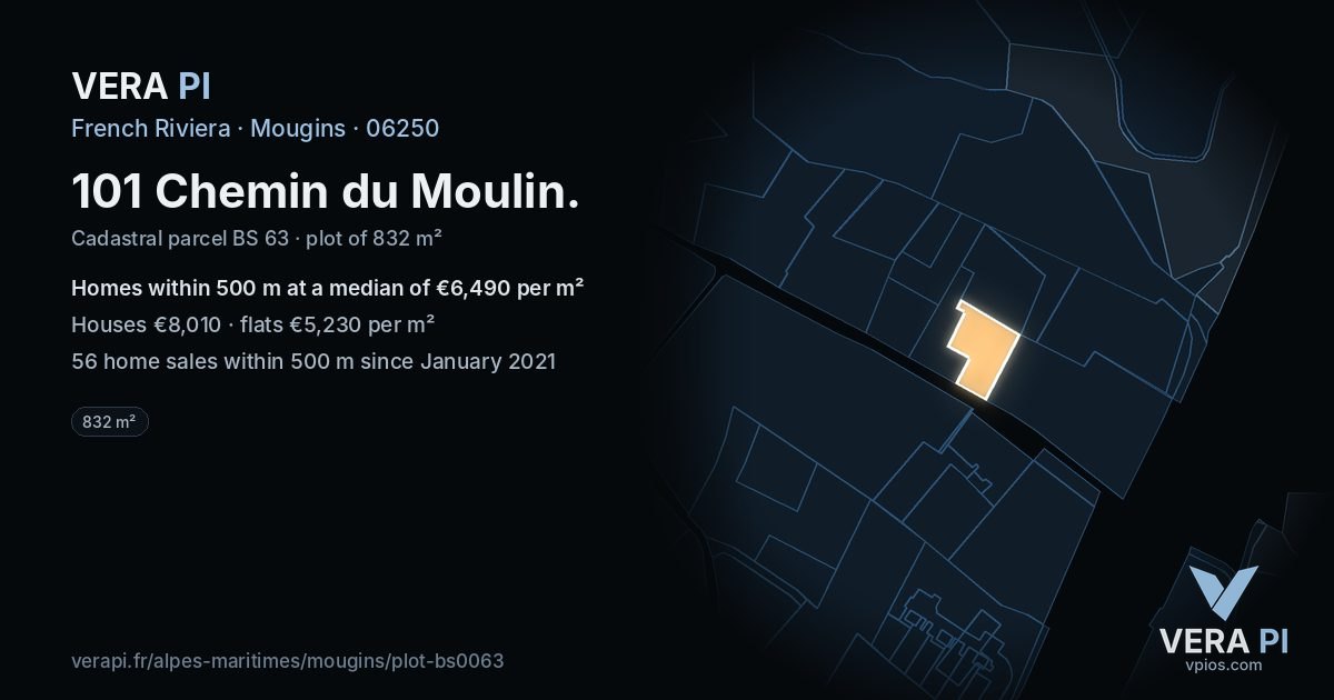 101 Chemin du Moulin, Mougins at night – the plot lit, the parcels around coloured by the prices near them