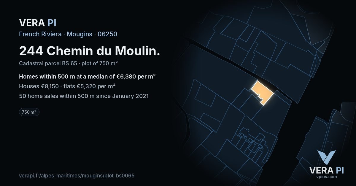 244 Chemin du Moulin, Mougins at night – the plot lit, the parcels around coloured by the prices near them
