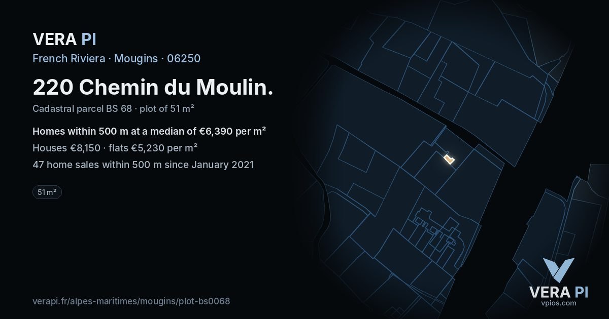220 Chemin du Moulin, Mougins at night – the plot lit, the parcels around coloured by the prices near them