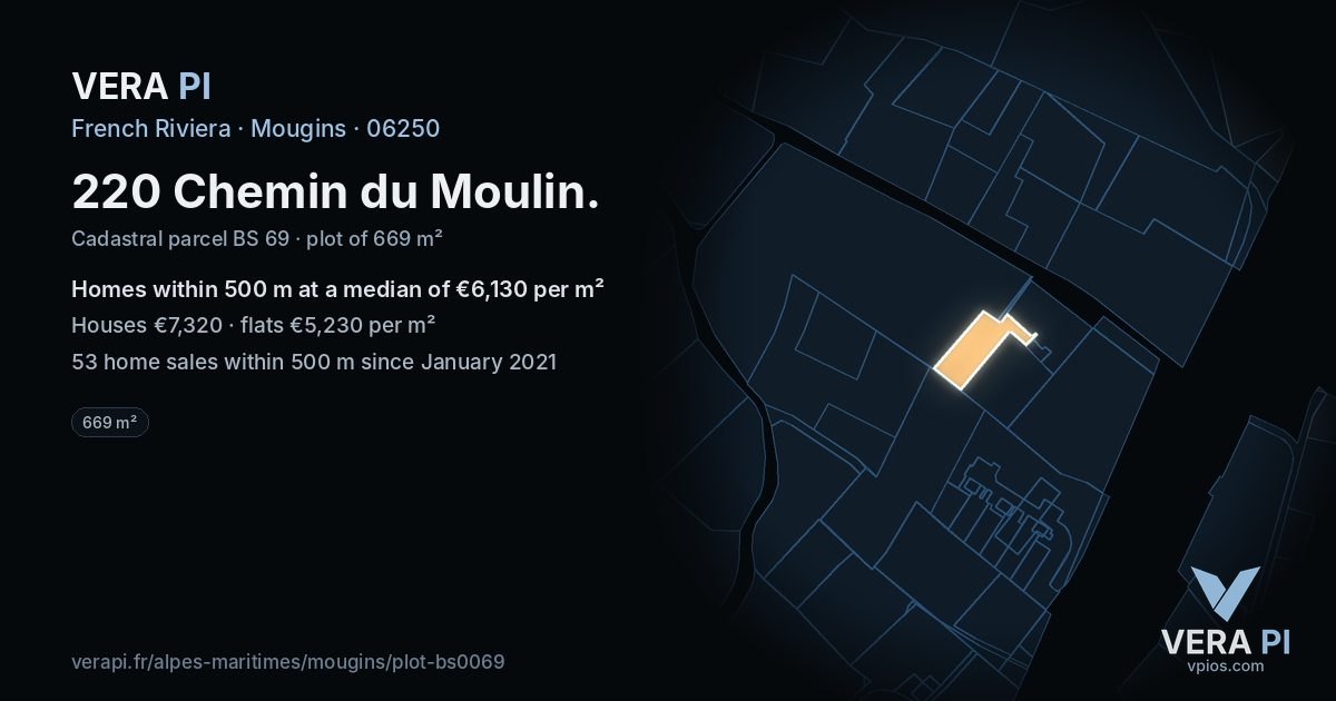220 Chemin du Moulin, Mougins at night – the plot lit, the parcels around coloured by the prices near them