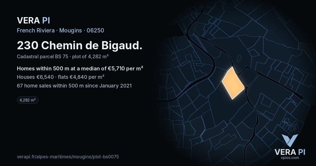 230 Chemin de Bigaud, Mougins at night – the plot lit, the parcels around coloured by the prices near them