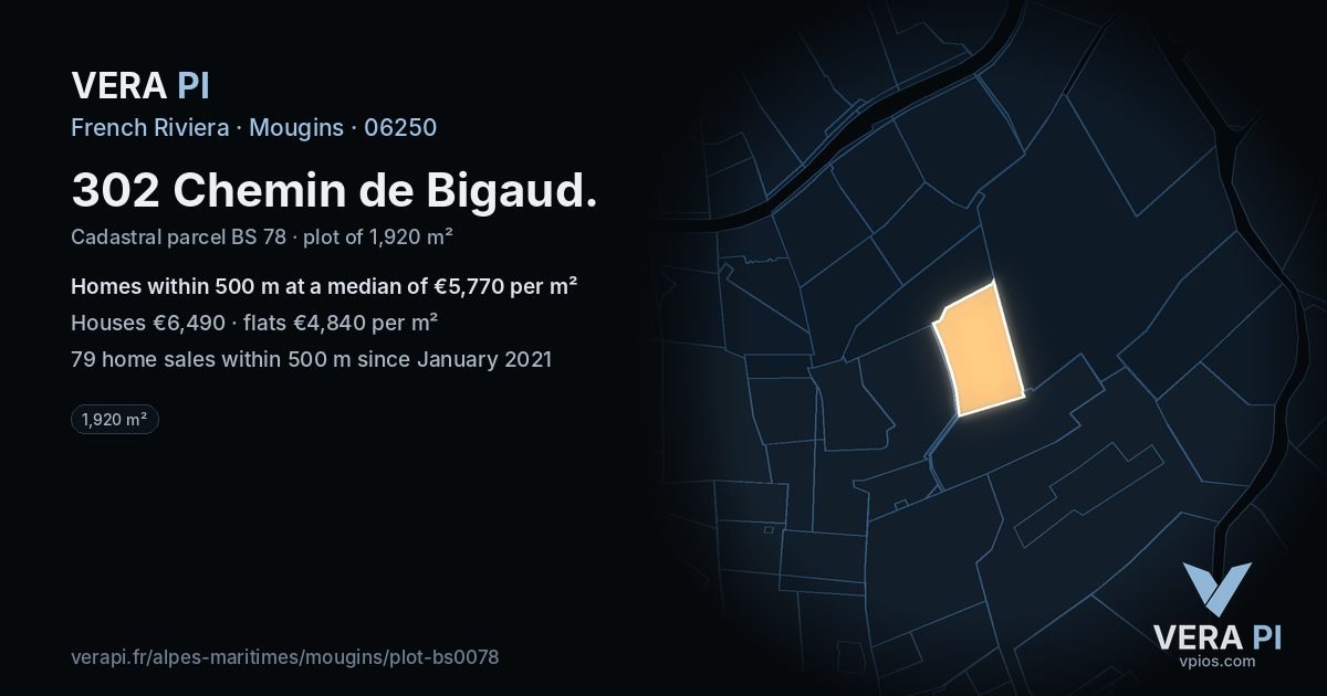 302 Chemin de Bigaud, Mougins at night – the plot lit, the parcels around coloured by the prices near them