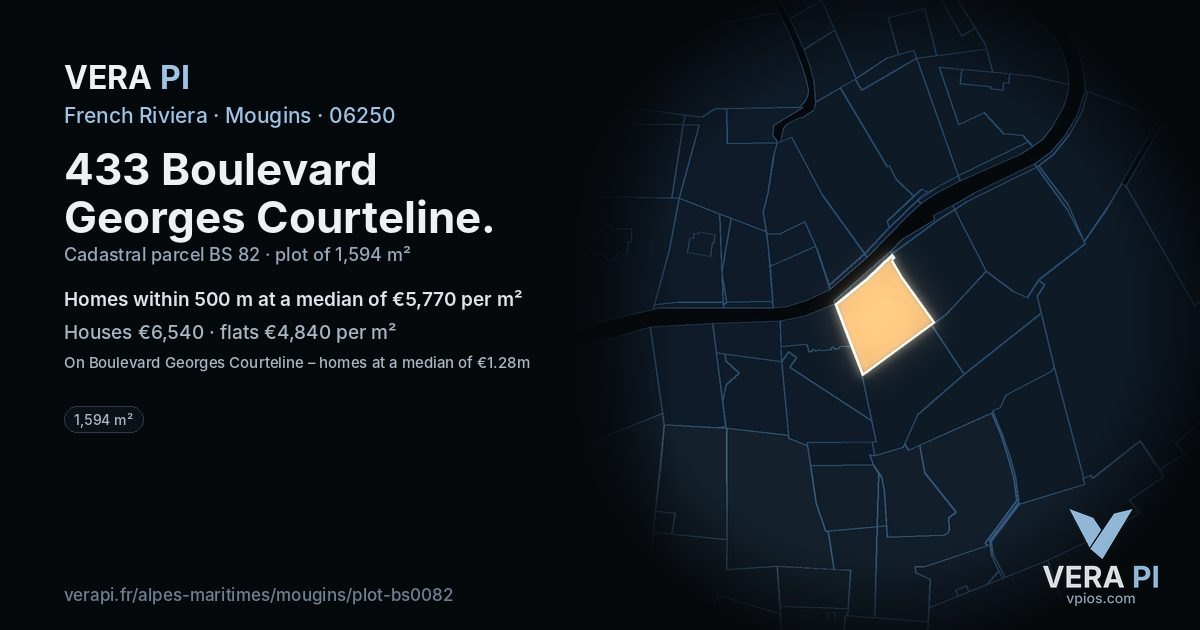 433 Boulevard Georges Courteline, Mougins at night – the plot lit, the parcels around coloured by the prices near them