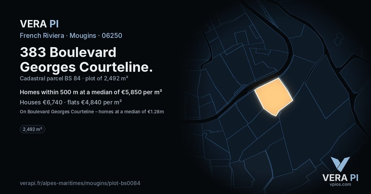 383 Boulevard Georges Courteline, Mougins at night – the plot lit, the parcels around coloured by the prices near them