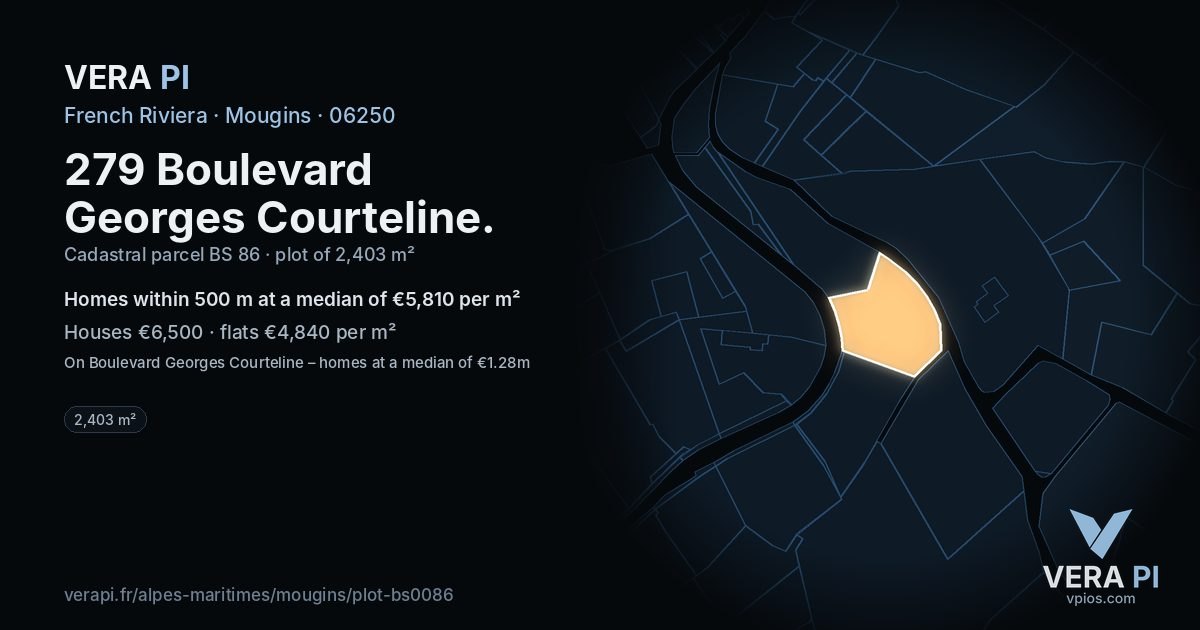 279 Boulevard Georges Courteline, Mougins at night – the plot lit, the parcels around coloured by the prices near them