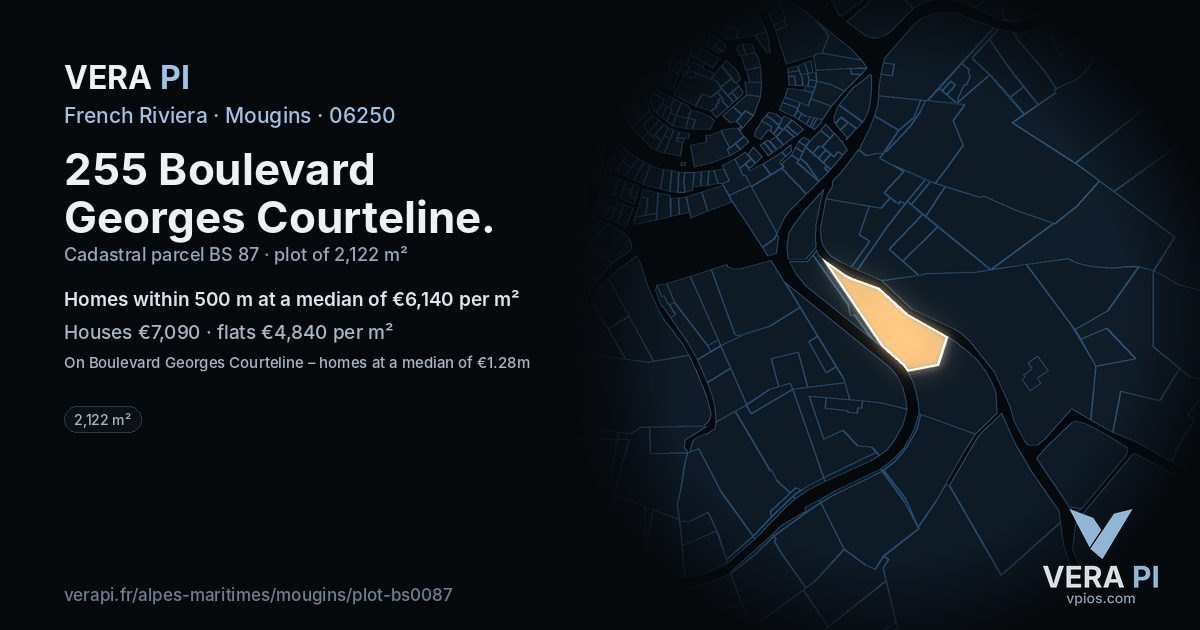 255 Boulevard Georges Courteline, Mougins at night – the plot lit, the parcels around coloured by the prices near them