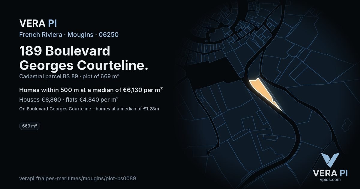 189 Boulevard Georges Courteline, Mougins at night – the plot lit, the parcels around coloured by the prices near them