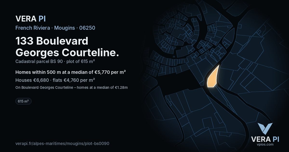 133 Boulevard Georges Courteline, Mougins at night – the plot lit, the parcels around coloured by the prices near them