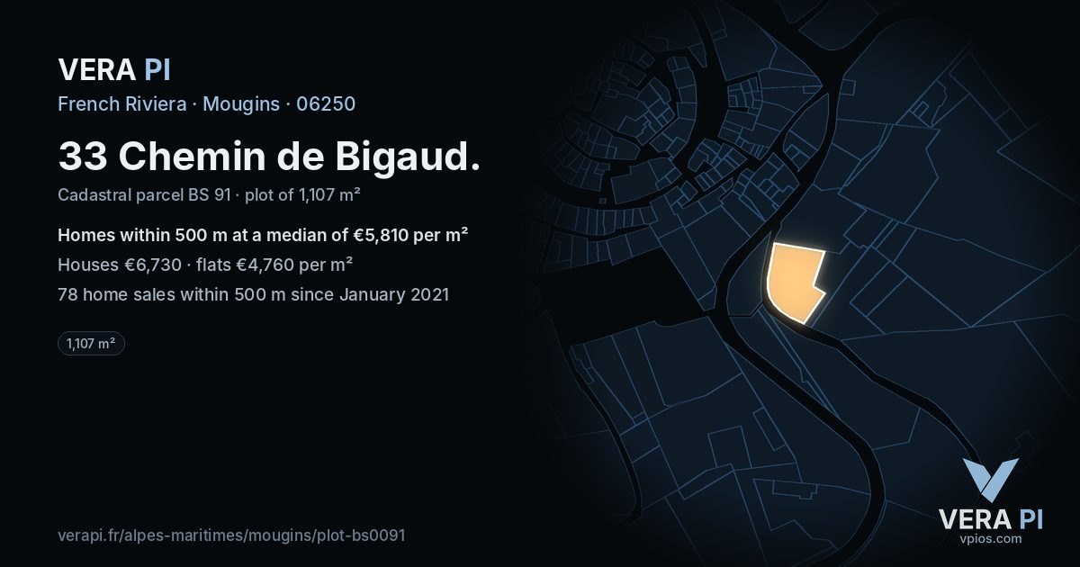 33 Chemin de Bigaud, Mougins at night – the plot lit, the parcels around coloured by the prices near them