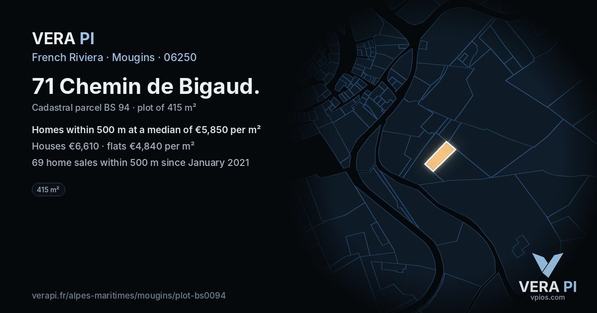 71 Chemin de Bigaud, Mougins at night – the plot lit, the parcels around coloured by the prices near them
