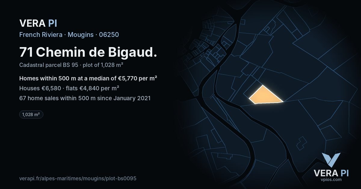 71 Chemin de Bigaud, Mougins at night – the plot lit, the parcels around coloured by the prices near them