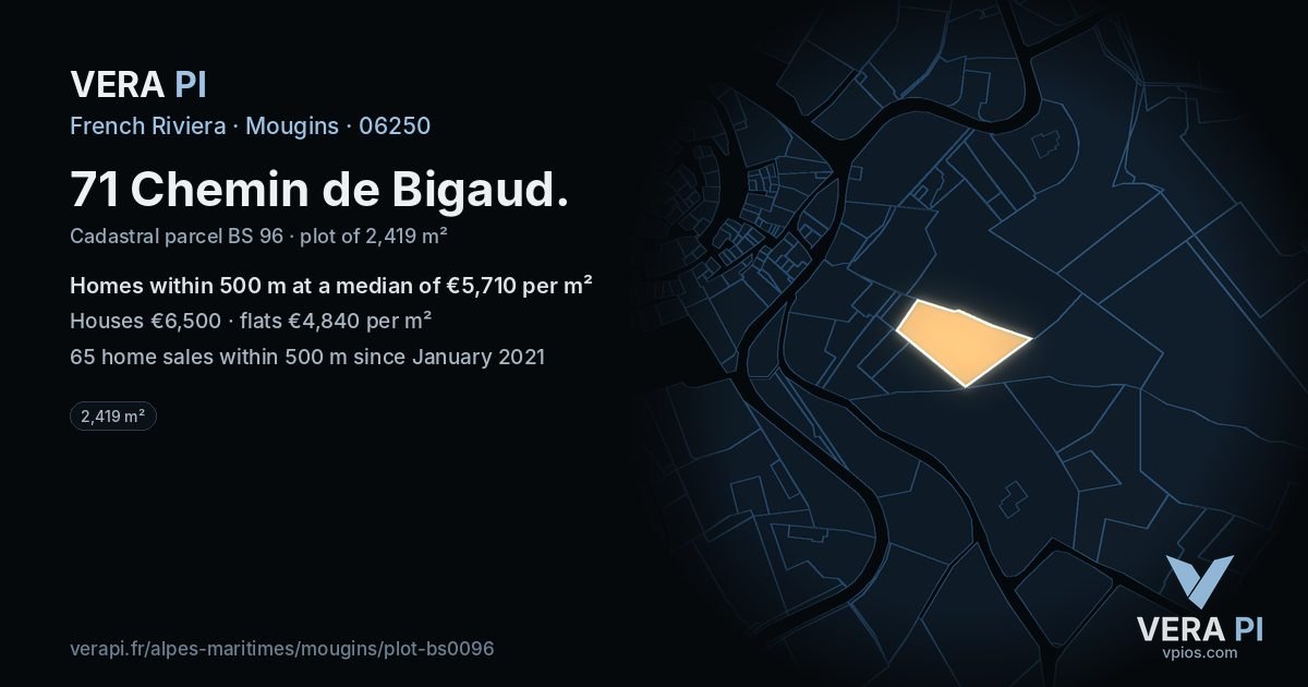 71 Chemin de Bigaud, Mougins at night – the plot lit, the parcels around coloured by the prices near them