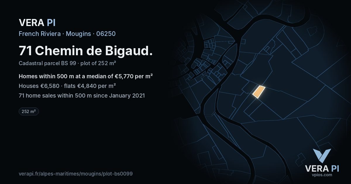 71 Chemin de Bigaud, Mougins at night – the plot lit, the parcels around coloured by the prices near them