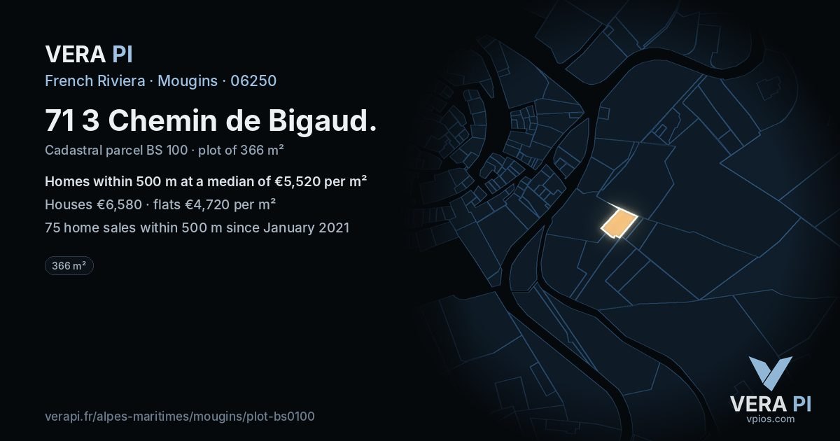 71 3 Chemin de Bigaud, Mougins at night – the plot lit, the parcels around coloured by the prices near them
