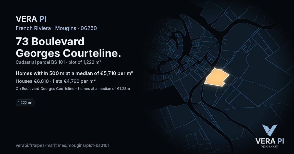 73 Boulevard Georges Courteline, Mougins at night – the plot lit, the parcels around coloured by the prices near them