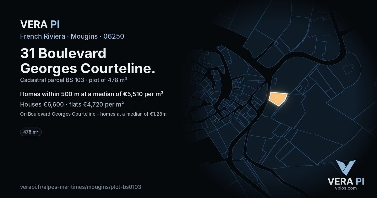 31 Boulevard Georges Courteline, Mougins at night – the plot lit, the parcels around coloured by the prices near them