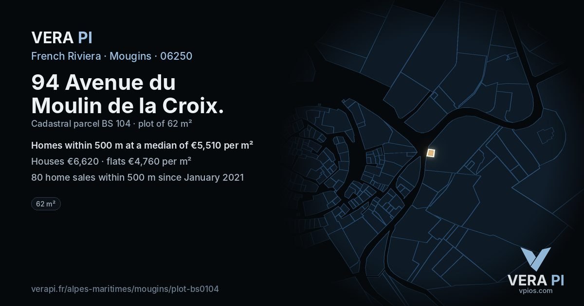 94 Avenue du Moulin de la Croix, Mougins at night – the plot lit, the parcels around coloured by the prices near them