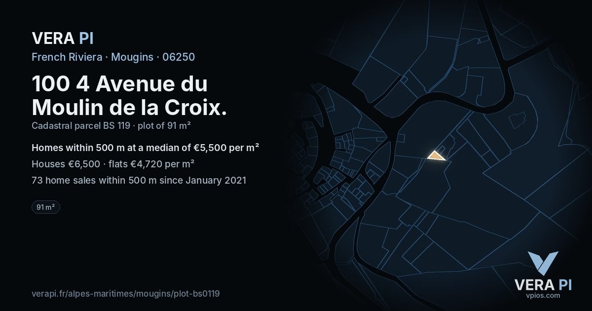 100 4 Avenue du Moulin de la Croix, Mougins at night – the plot lit, the parcels around coloured by the prices near them