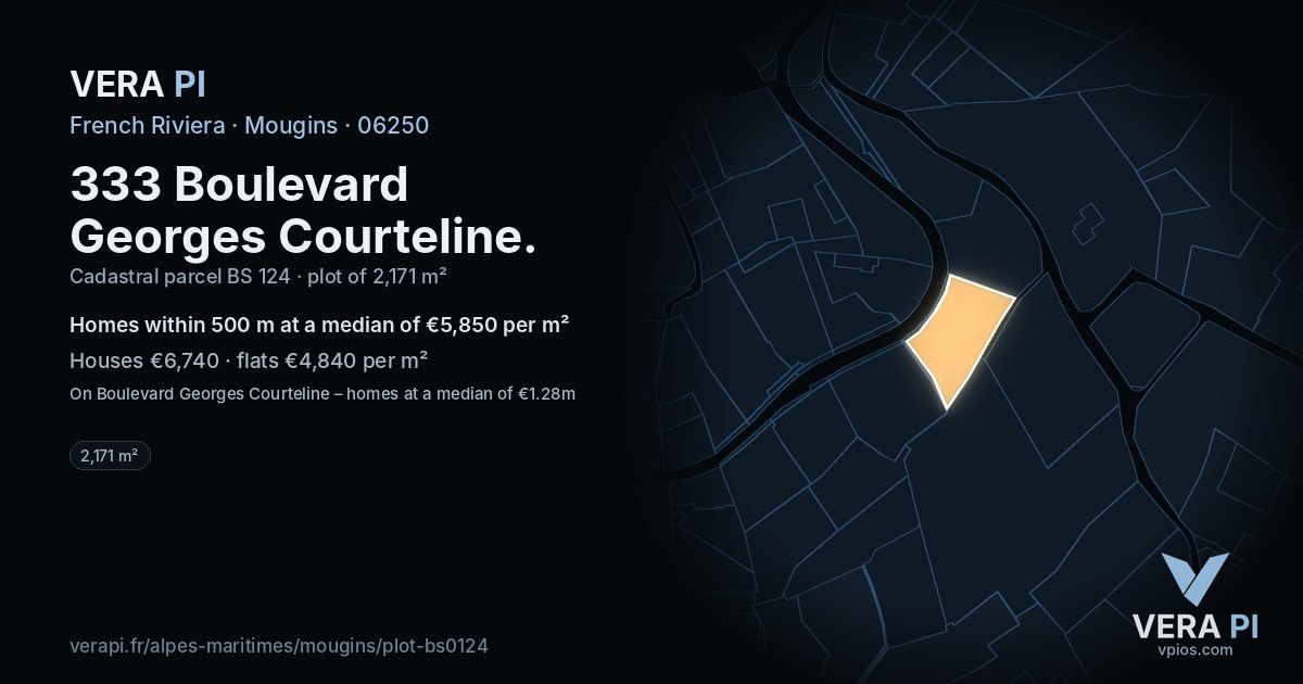 333 Boulevard Georges Courteline, Mougins at night – the plot lit, the parcels around coloured by the prices near them