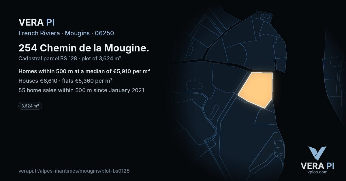 254 Chemin de la Mougine, Mougins at night – the plot lit, the parcels around coloured by the prices near them