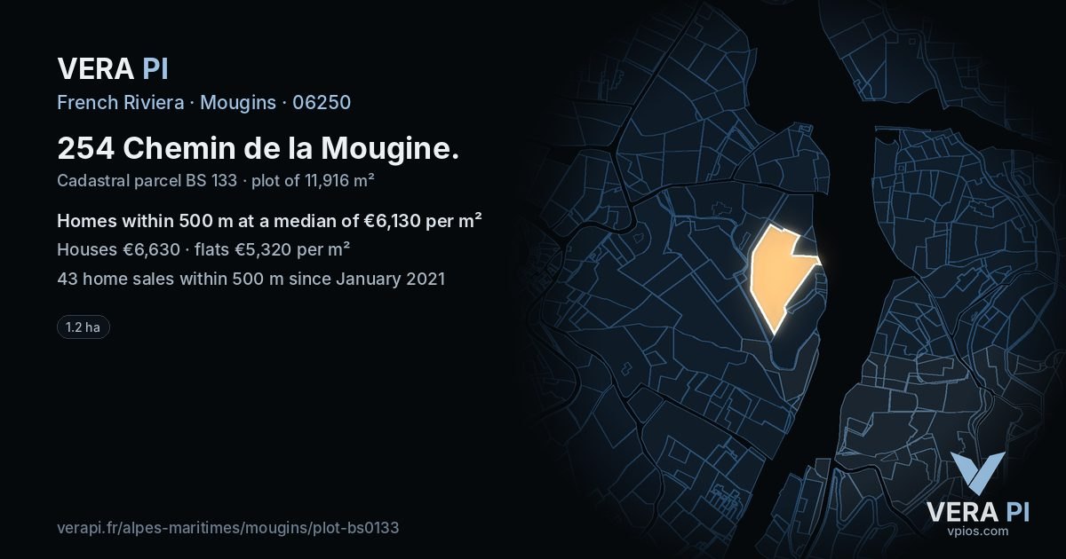 254 Chemin de la Mougine, Mougins at night – the plot lit, the parcels around coloured by the prices near them