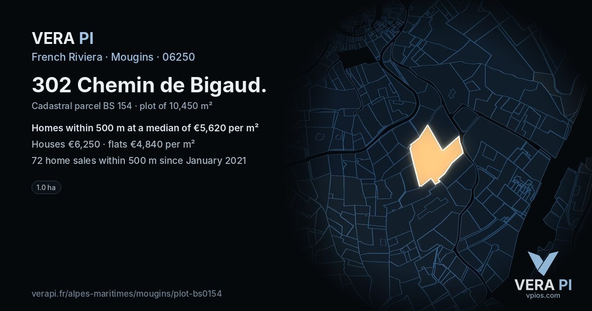 302 Chemin de Bigaud, Mougins at night – the plot lit, the parcels around coloured by the prices near them